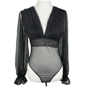A3 Design Glitter Black Mesh Bodysuit Sz L Sheer Y2K 90’s Whimsigoth Fairy Club